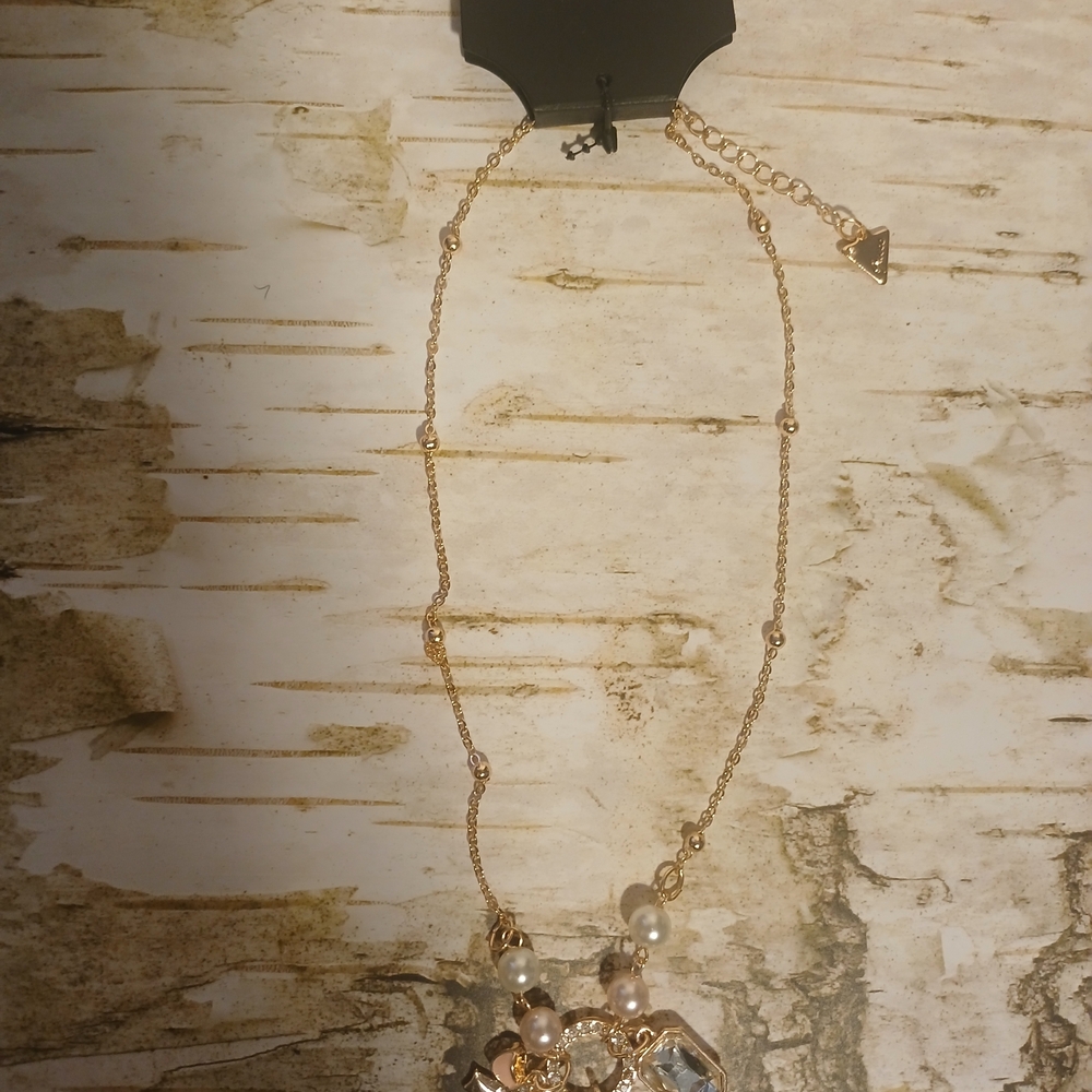 NWT Guess Rose Gold Pearl Charm Necklace Pnk Bow Rhinestone Logo